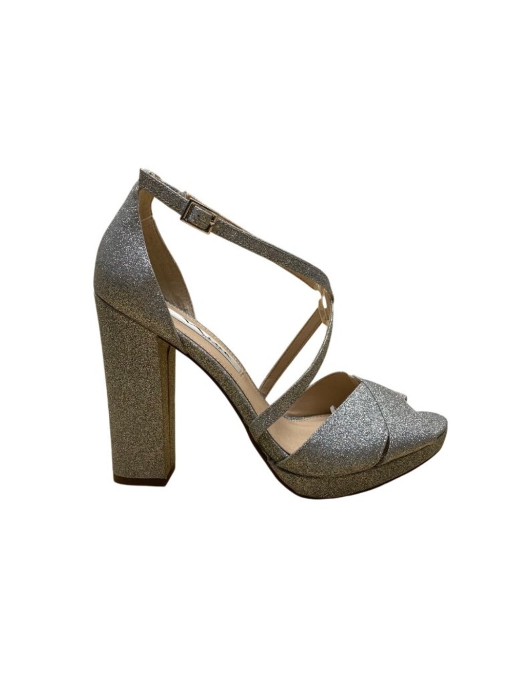 Nina Women’s Silver Glittered Chunky Heel Crisscross Strap Dress Sandals Size 8M